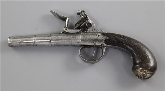 A cannon-barrelled flintlock boxlock pocket pistol, 7.75in.